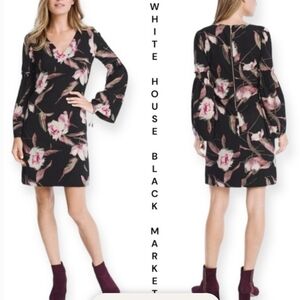 White House Black Market Floral Bell Sleeve Shift Dress Black Pink Size 00